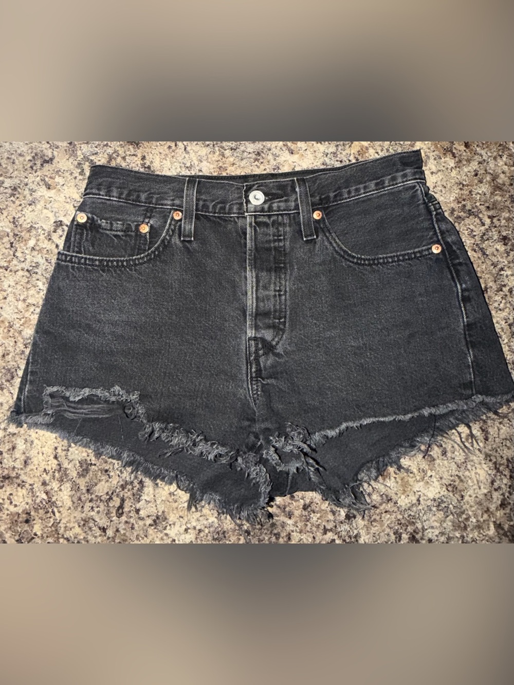 Levi’s 501 High-Waisted Raw Hem Denim Cutoff Shorts - Charcoal Black - Size 27